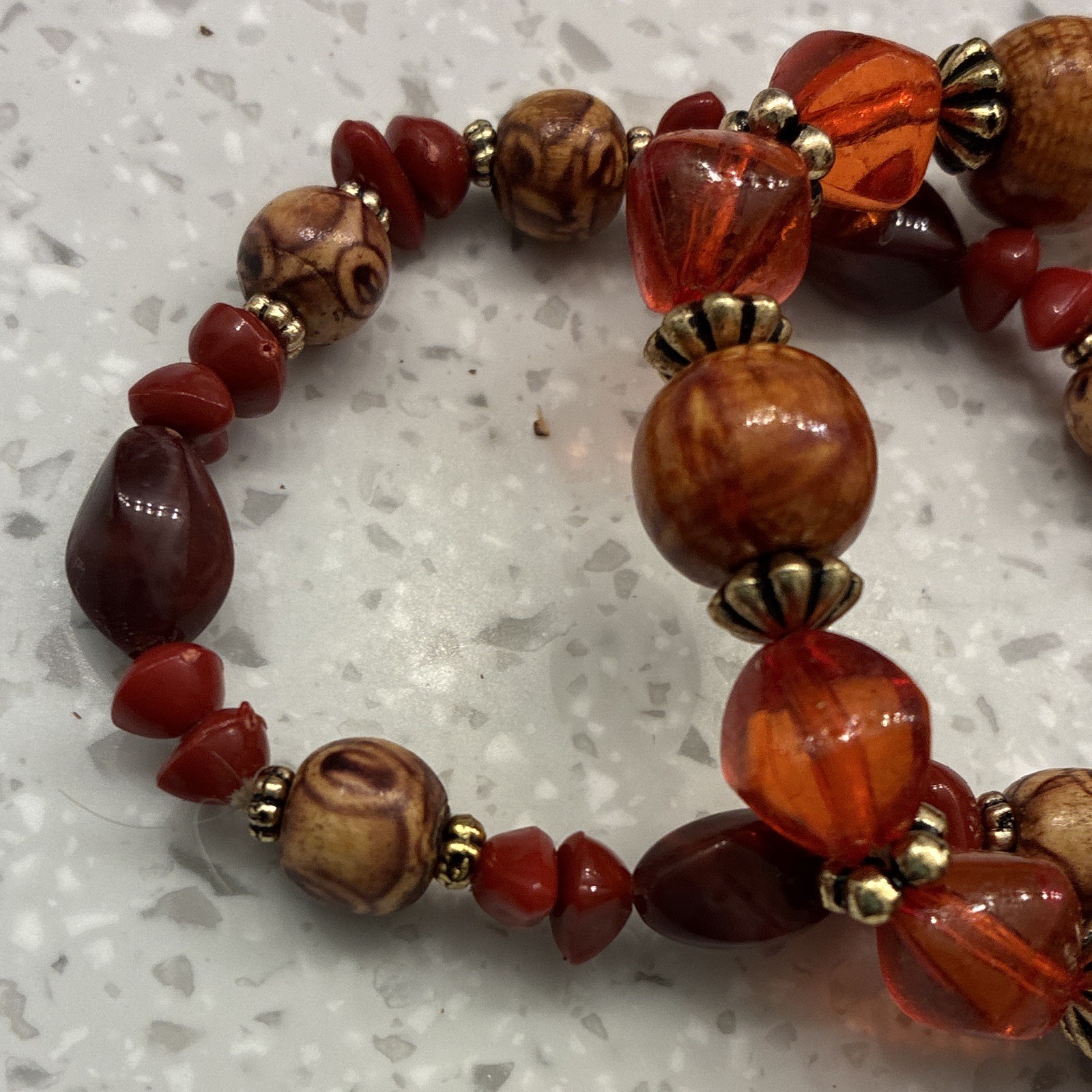 Set of 2 Beaded Stretch Bracelets Stackable Wood Glass Orange Red Brown