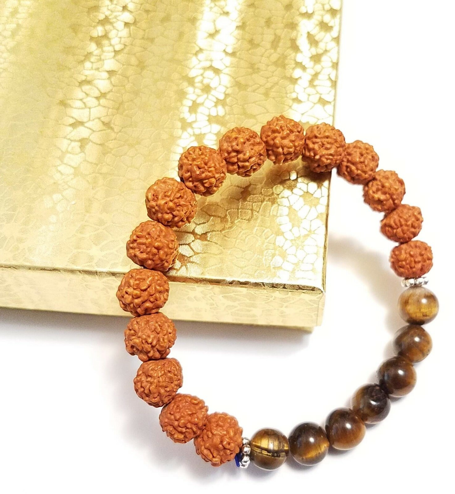 Rudraksha beads mala stretch bracelet with tiger eyes handmade unisex bracelet