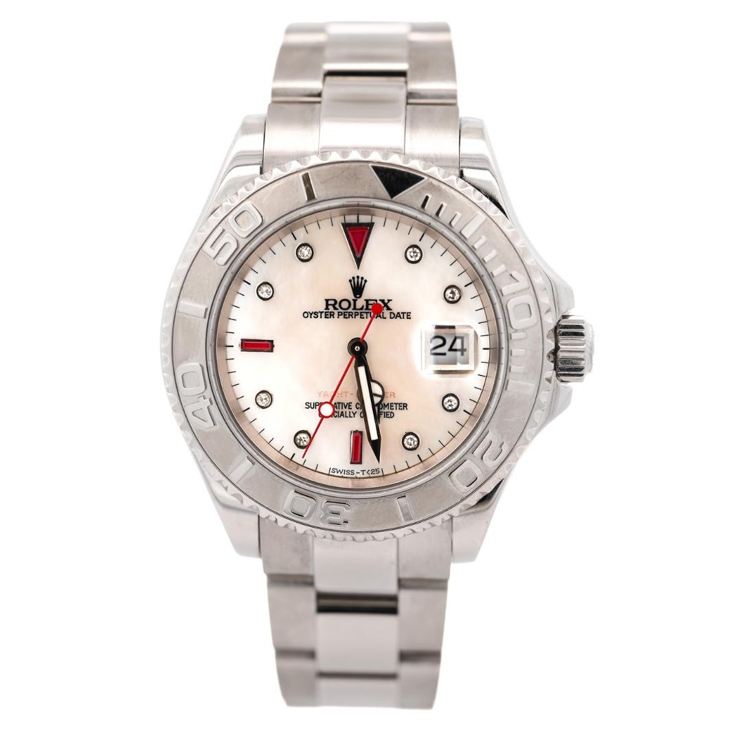 Rolex Yachtmaster 16622 40mm Platinum Bezel Ruby Gem Dial Steel Oyster Watch