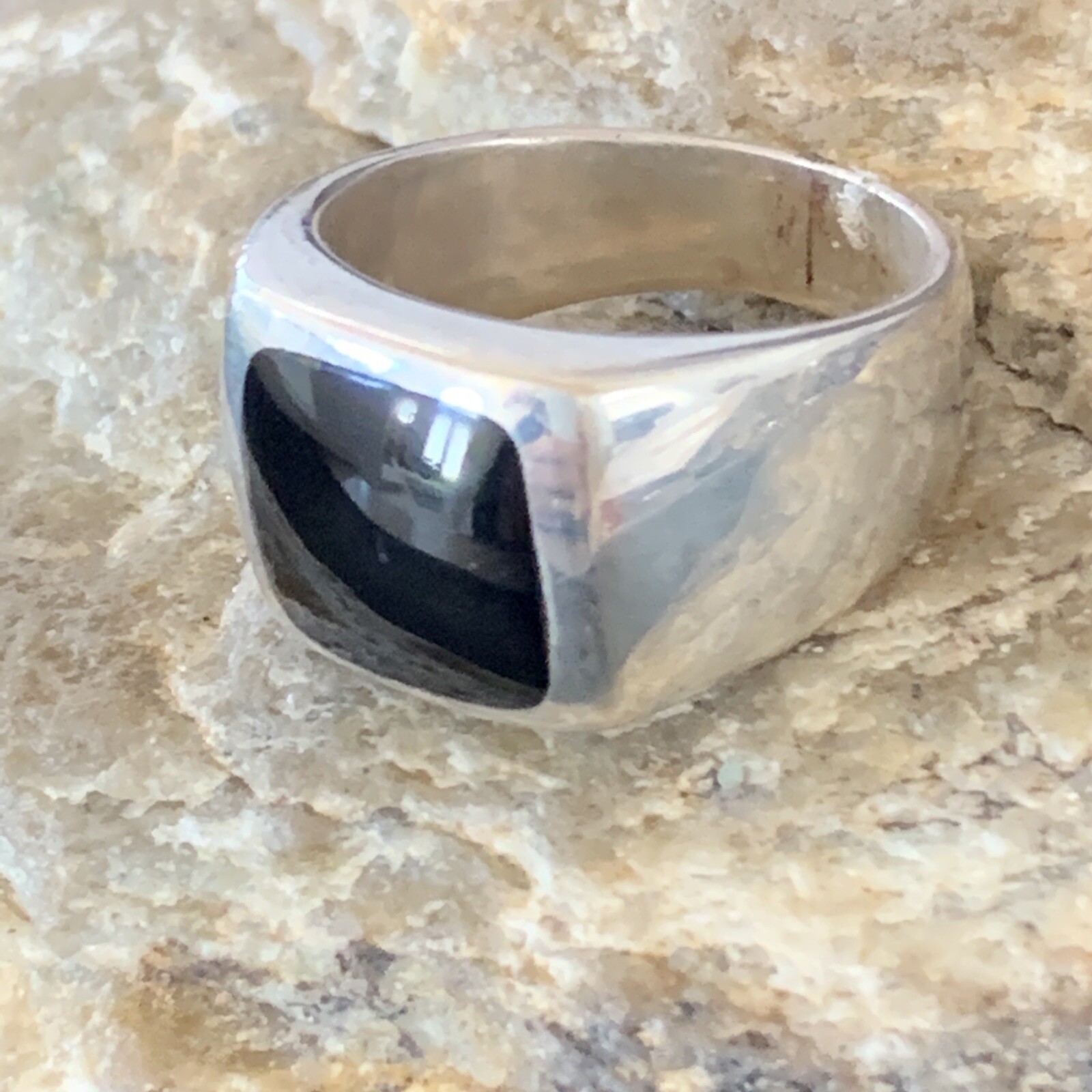 Mens Black Onyx Navajo Sterling Silver Inlay Ring Size 10 10740