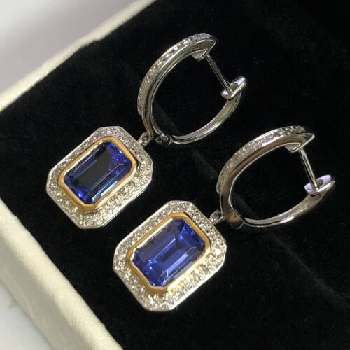 Natural Blue Tanzanite Diamond Leveback Dangle Earrings Solid 14K Gold Jewelry