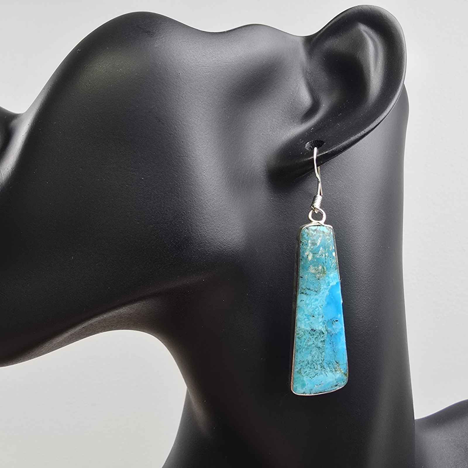 Kingman Turquoise Slab Dangle Earrings Sterling Silver Bezel French Wire Handmad