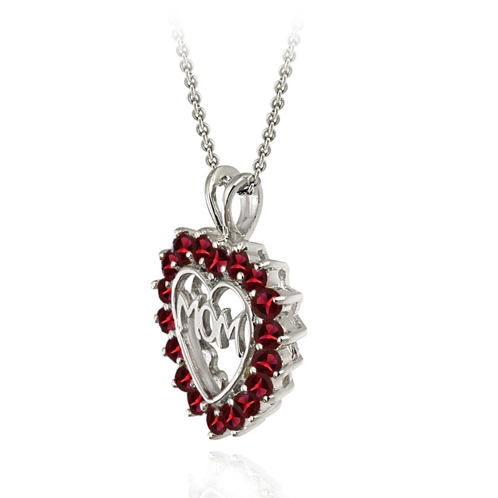 Sterling Silver Created Ruby MOM Open Heart Necklace