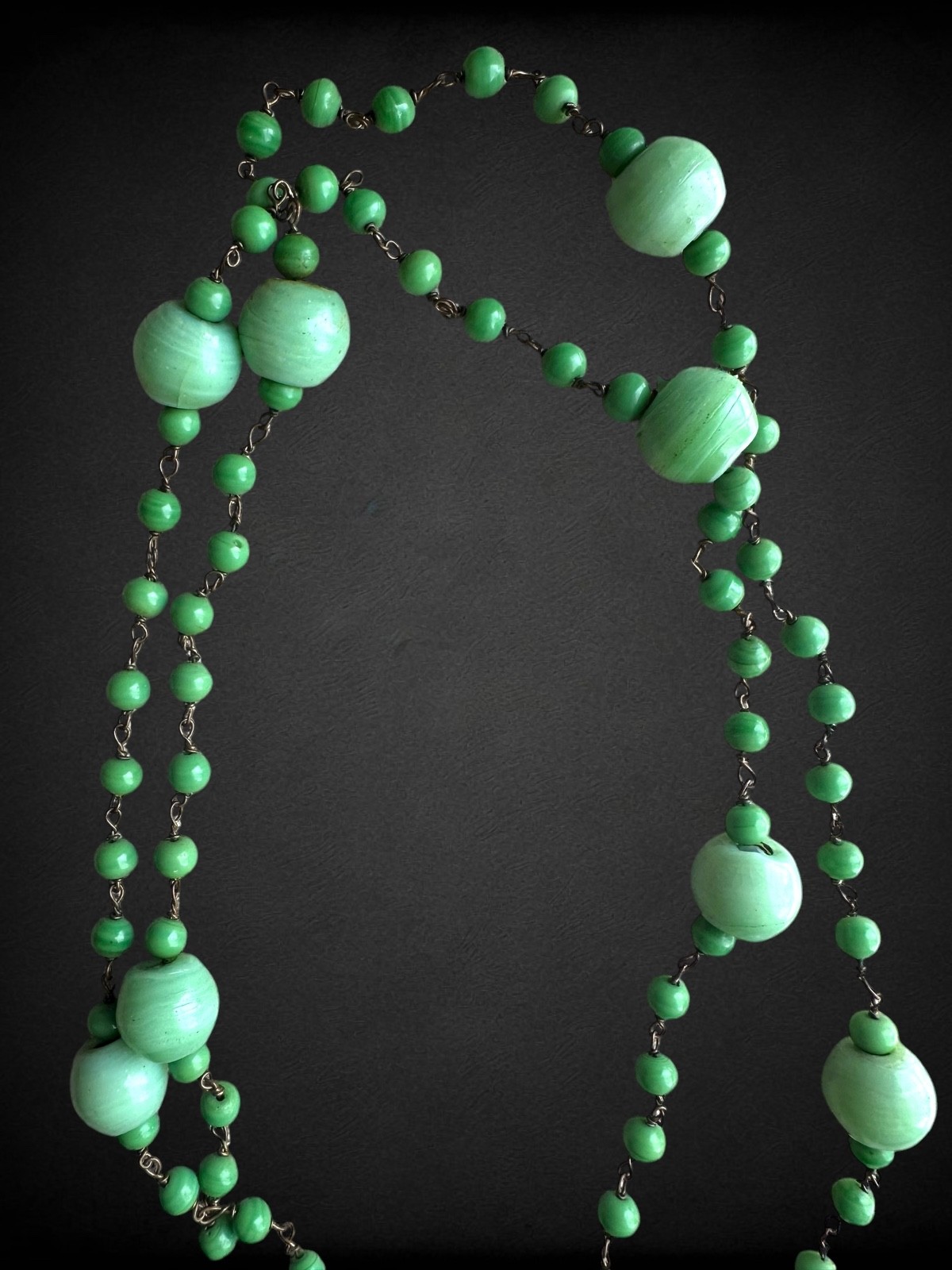 Antique Art Deco Jadeite Green Glass Sautoir Tassel Lariat Beaded Czech Necklace