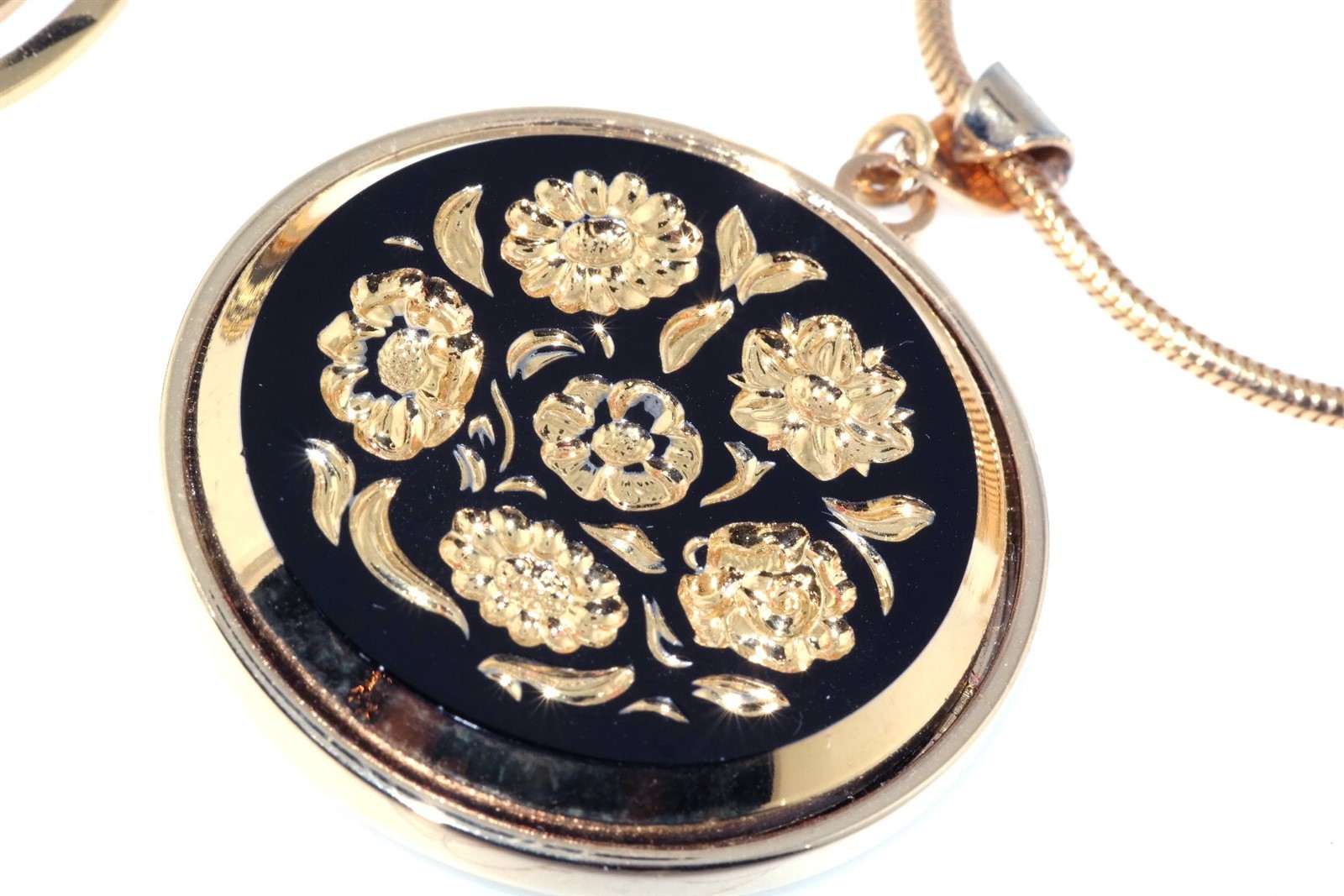 2 Vtg Pendant Necklaces Gold Foil Inlay Damascene & Gold Foil Black Lucite