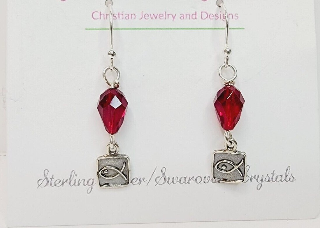 Hypoallergenic Dangle Earrings With Swarovski Crystals Red Color And Jesus Fish