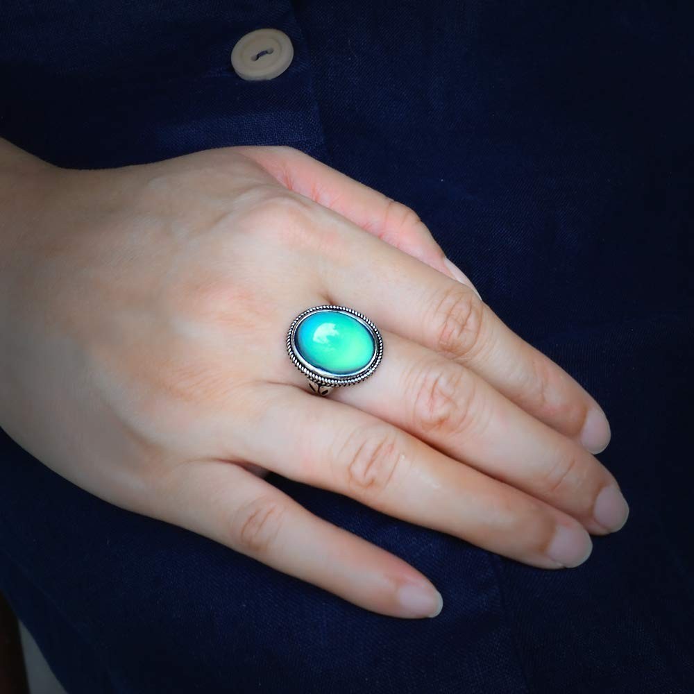 Vintage Adjustable Antique Silver Plated Mood Ring | Color Change Oval Stone, Gi