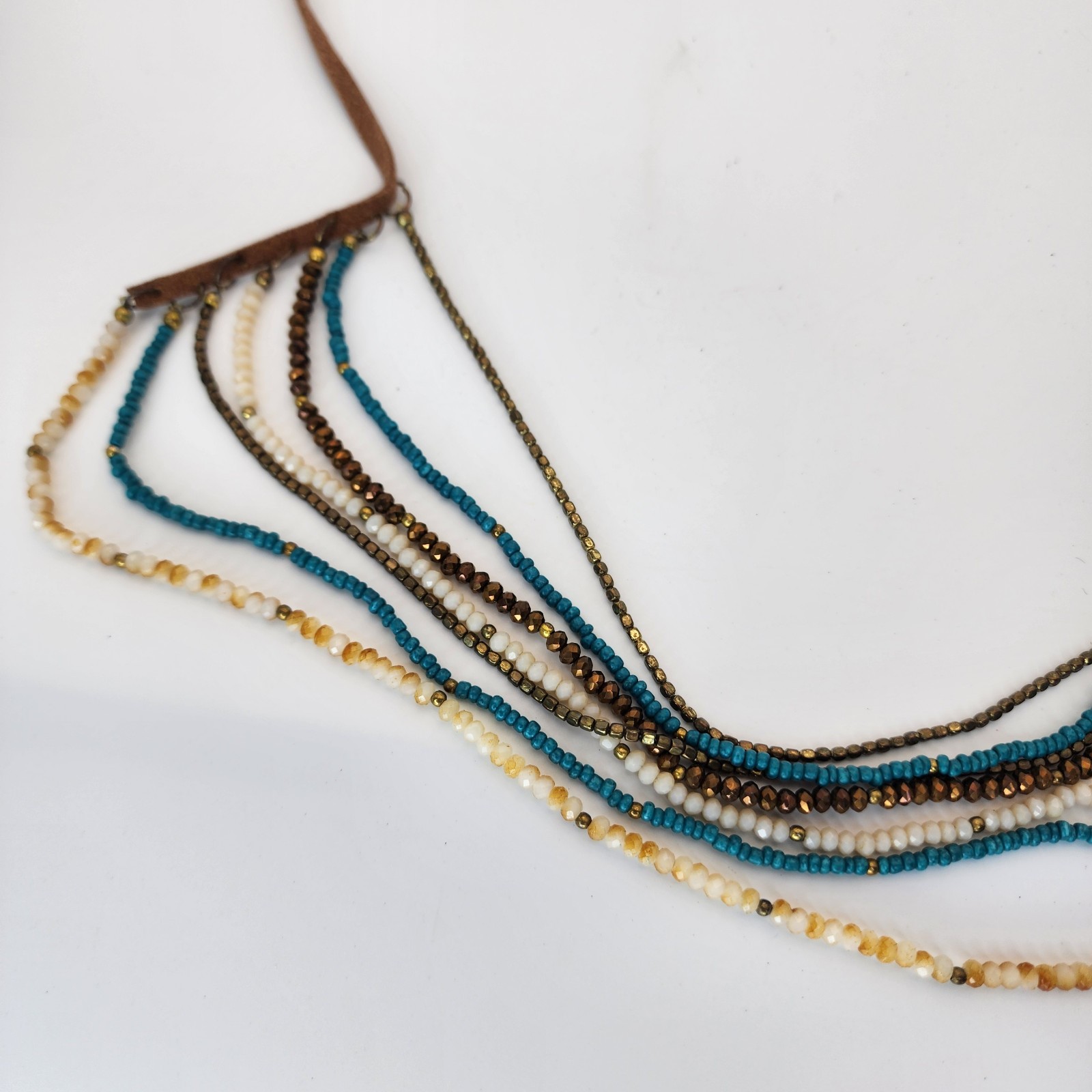 Boho Beaded Necklace Lot Braided Yellow, Blue & Brown Multi-Strand Earthy Tones