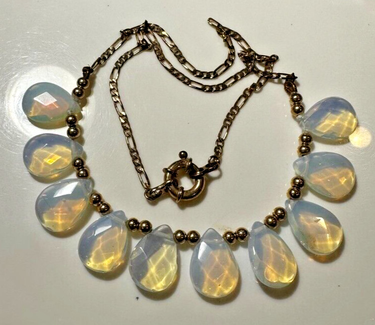 Vintage Carved Faceted Teardrop Opal Glass Pendant Charm Gold t 19″ Necklace DA5