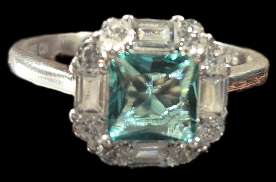 925 Sterling Silver Aqua Stone Princess Cut Ring Size 8