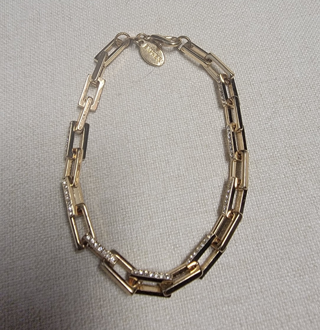 Express Gold Paperclip Link Chain Bracelet Pavé Rhinestone Crystal Signed 7″