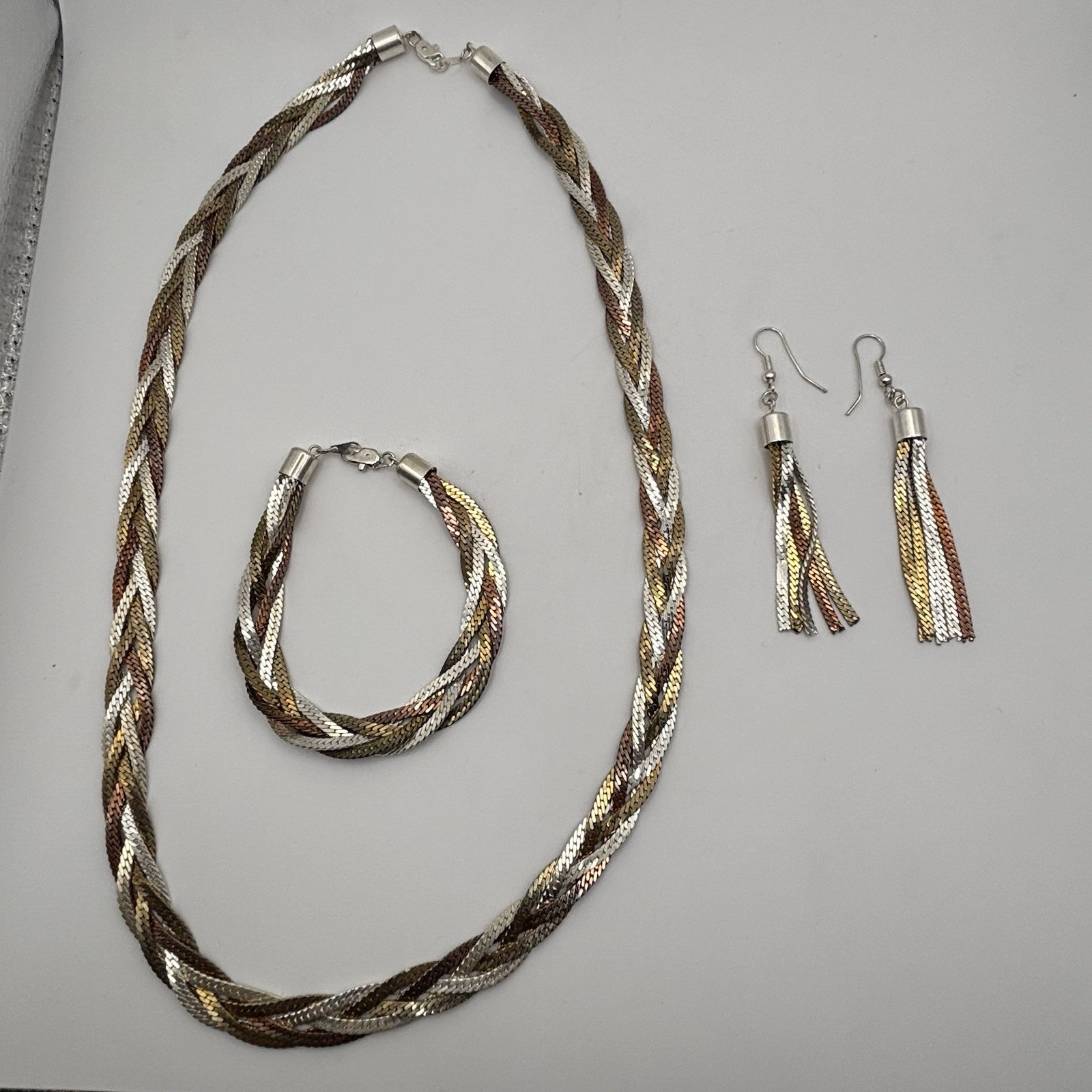 Vtg 925 Color Gold Silver Rose Braided Chain Necklace Bracelet Sterling Silver