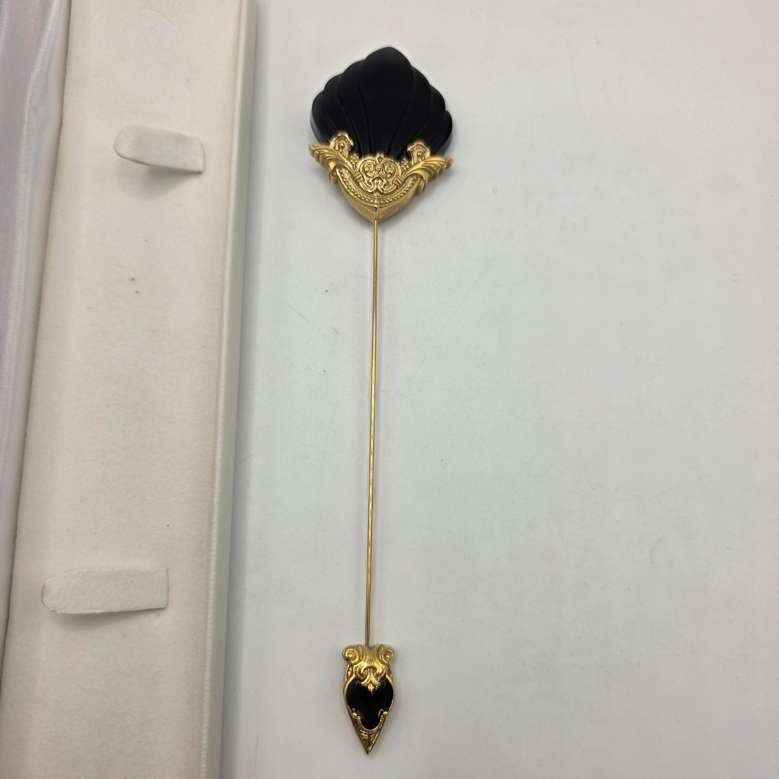 Vintage Gold Tone Black Carved Shell Stick Pin Ornate Filigree Lapel Accessory