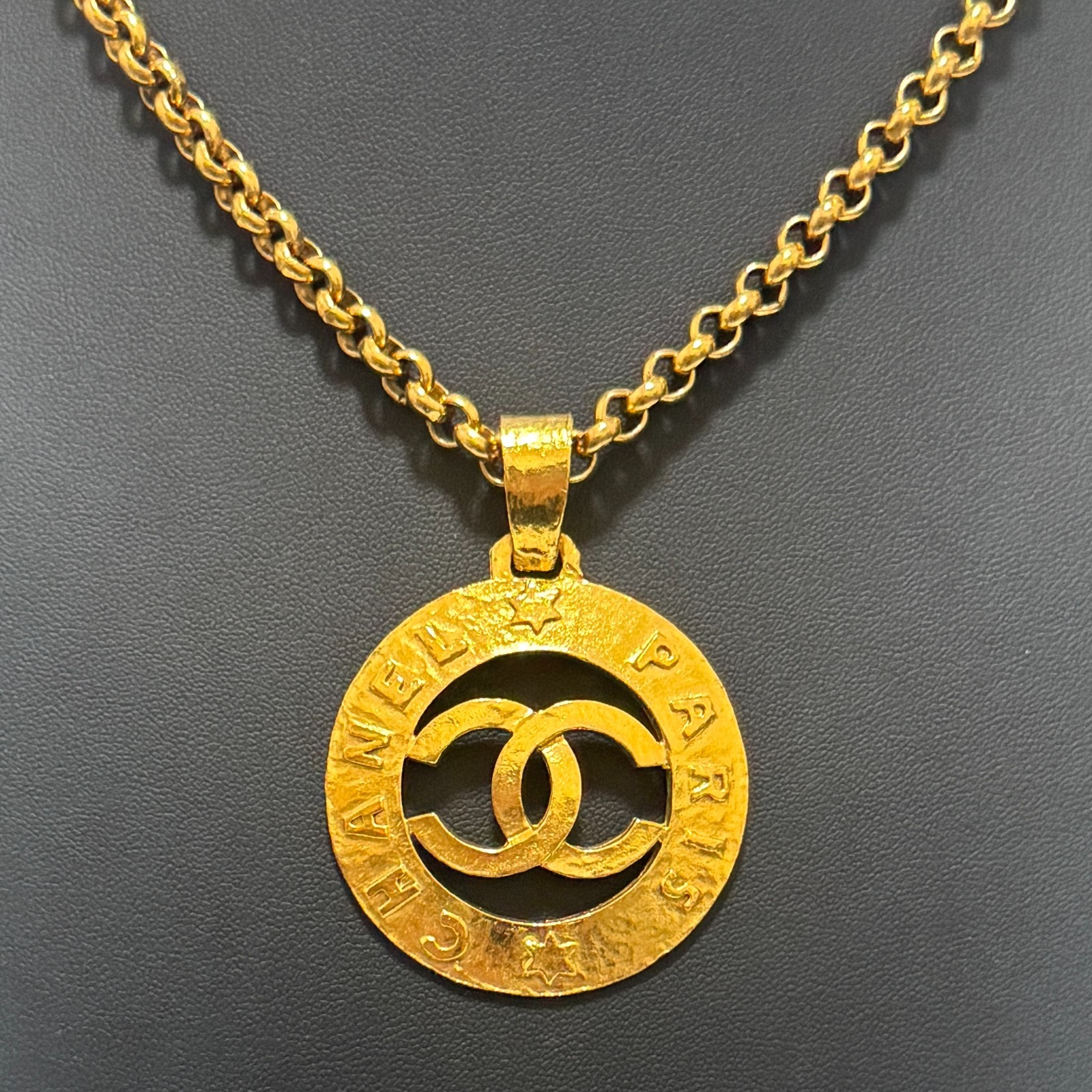 CHANEL 3027 COCO Mark CC Logo Round Necklace Gold Vintage Authentic JAPAN