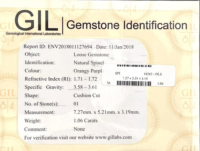 1.06CT CERTIFIED VVS CUSHION UNHEATED ORANGY PURPLE SPINEL NATURAL
