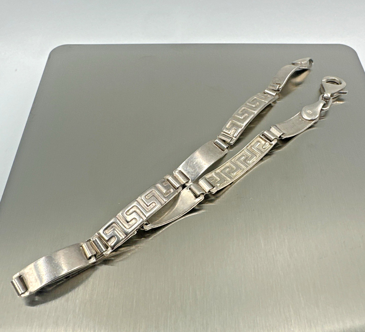 925 Sterling Silver Stampato Greek Key Link Bracelet Italy 8 Inches