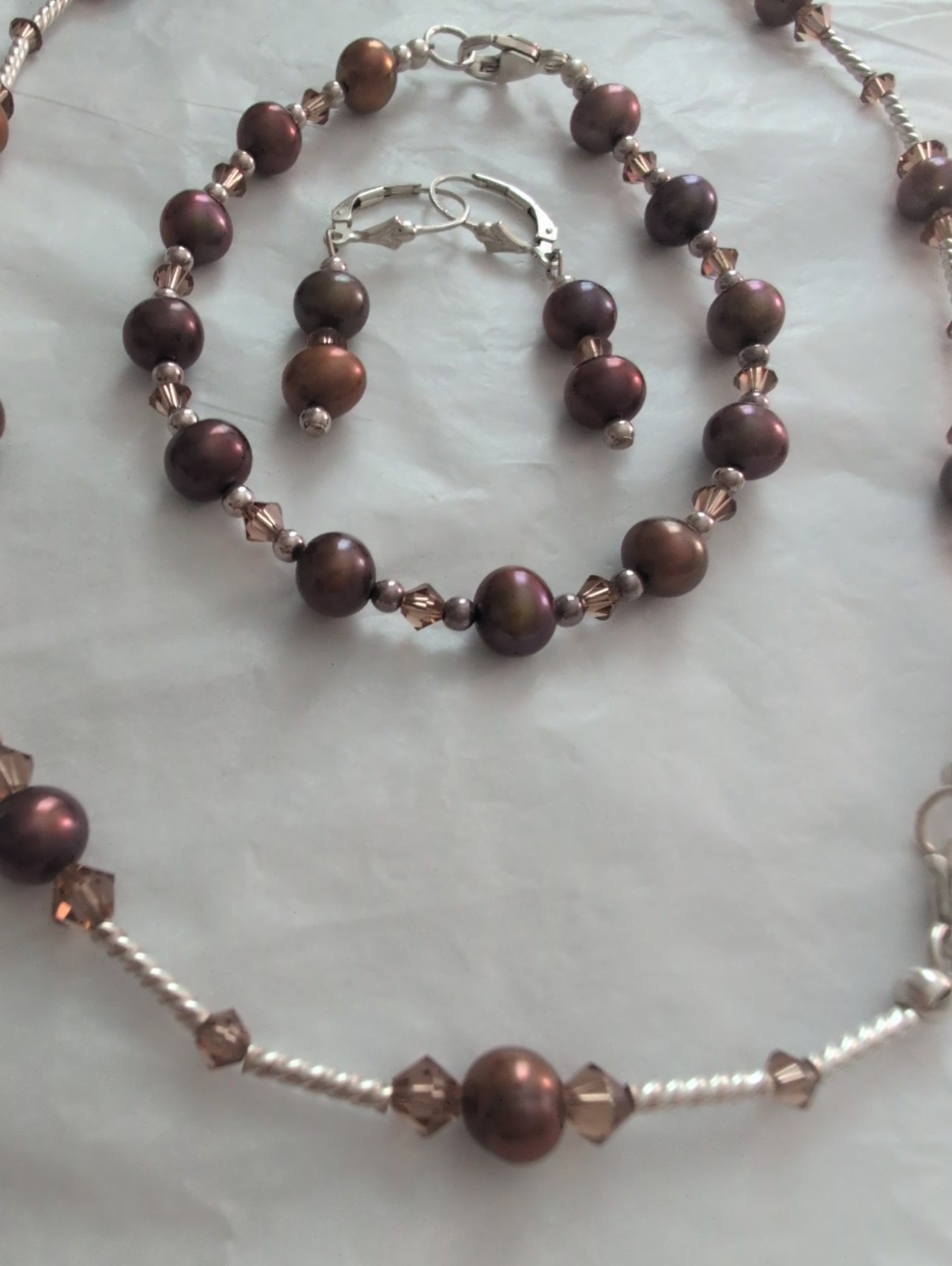 925 Sterling Freshwater Pearl Necklace Bracelet Earrings Set Bronze