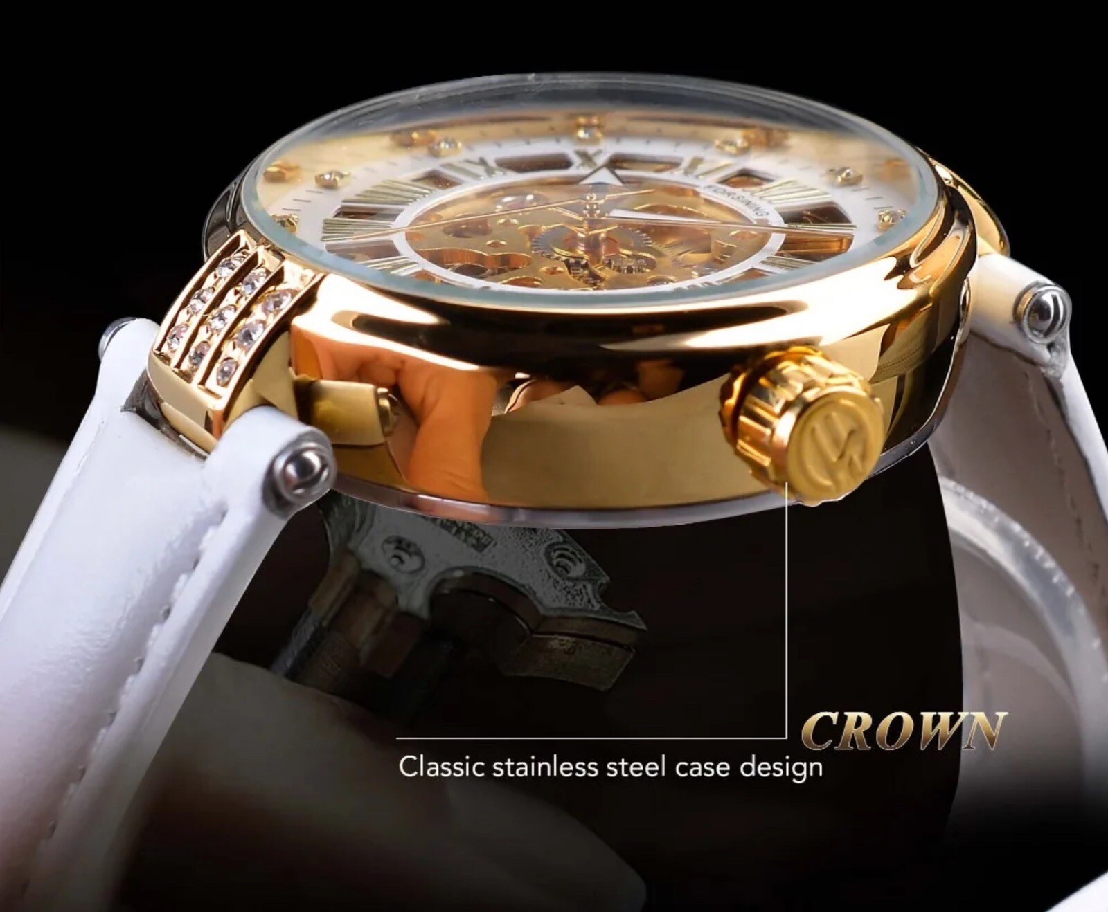 Forsining Womens Automatic Transparent Skeleton White Leather Band Ladies Watch