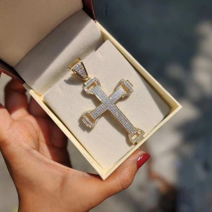 2.20 Ct Round Cut Real Moissanite Cross Men’s Pendant 14k Yellow Gold Plated