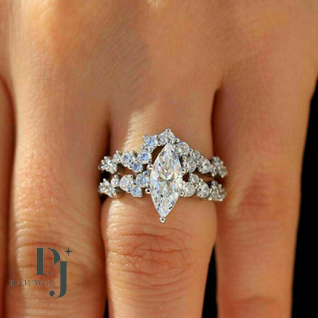 2.40 CT Marquise Cut Moissanite Bridal Set Engagement Ring Solid 14K White Gold