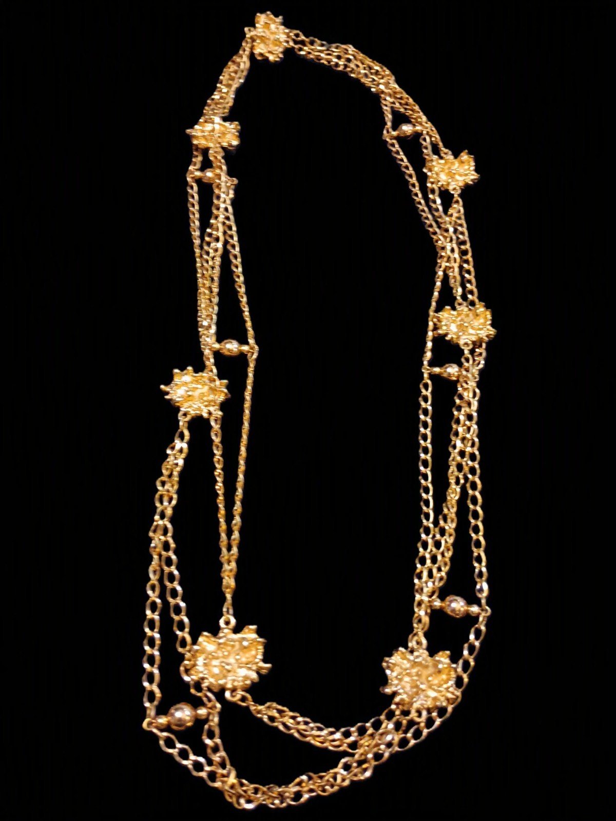 Vintage AVON Signed Gold Tone Triple Strand Filigree Ball Station Necklace Retro