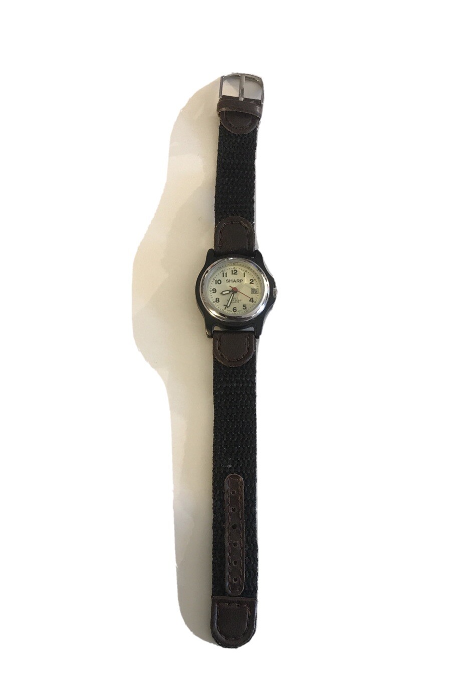 Sharp SHP107 Watch With Brown Leather And Black Canvas Band Date Window BNWOT