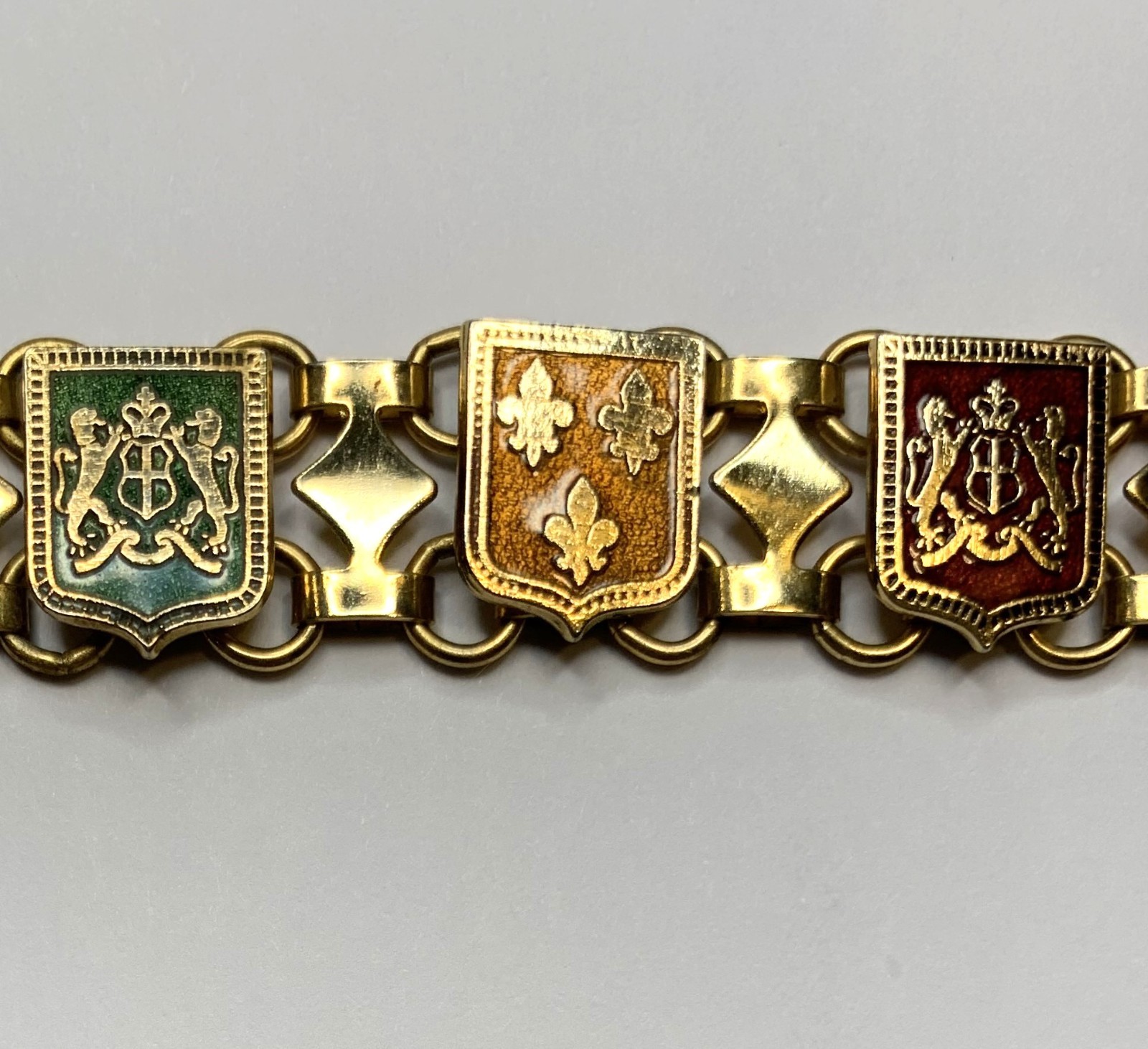 Vintage Gold Tone Enamel French Style Coat of Arms & Fleur De Lis Bracelet