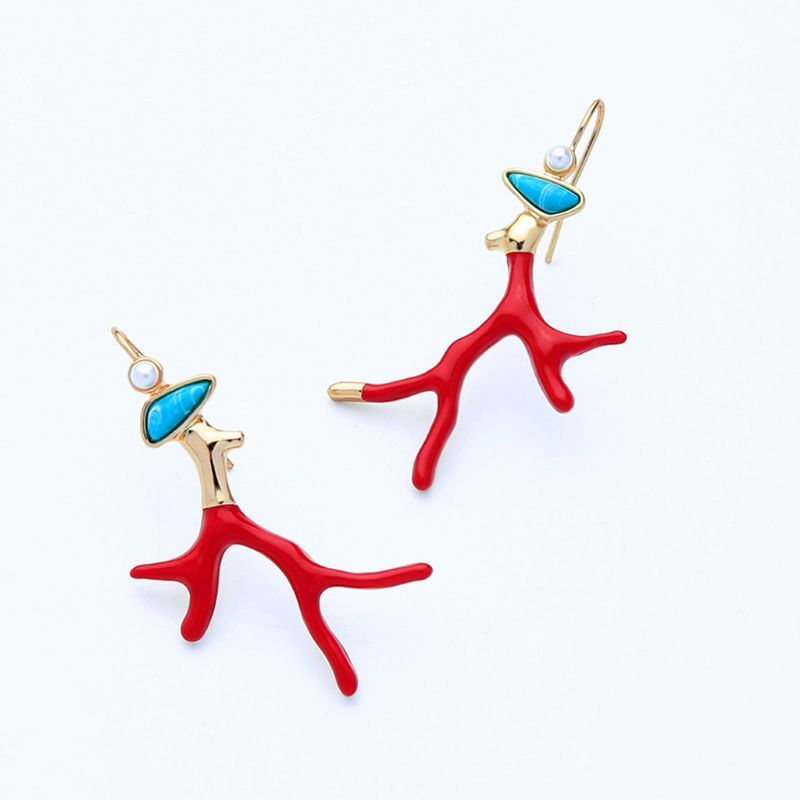 Branch Acrylic Resin Drop Earrings Red Enamel Coral Antlers Earrings