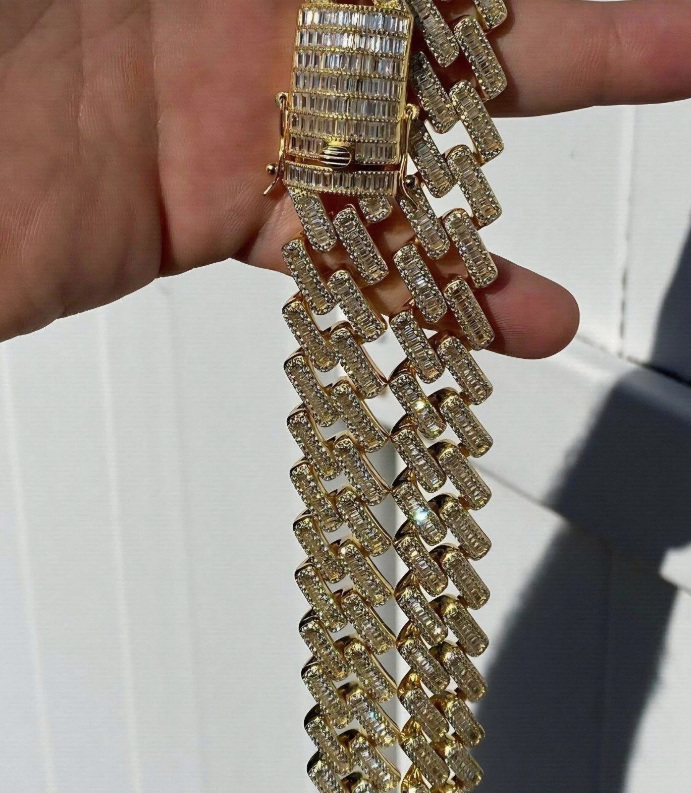 Baguette Prong Miami Cuban Link Chain Necklace Iced Out CZ Stones – 14k Gold Ver