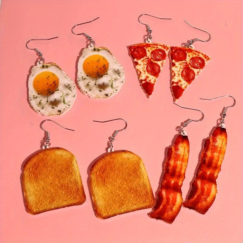 4 Pairs of Fun Acrylic Omelet, Pizza, Toast, and Bacon Food Pendant Earrings