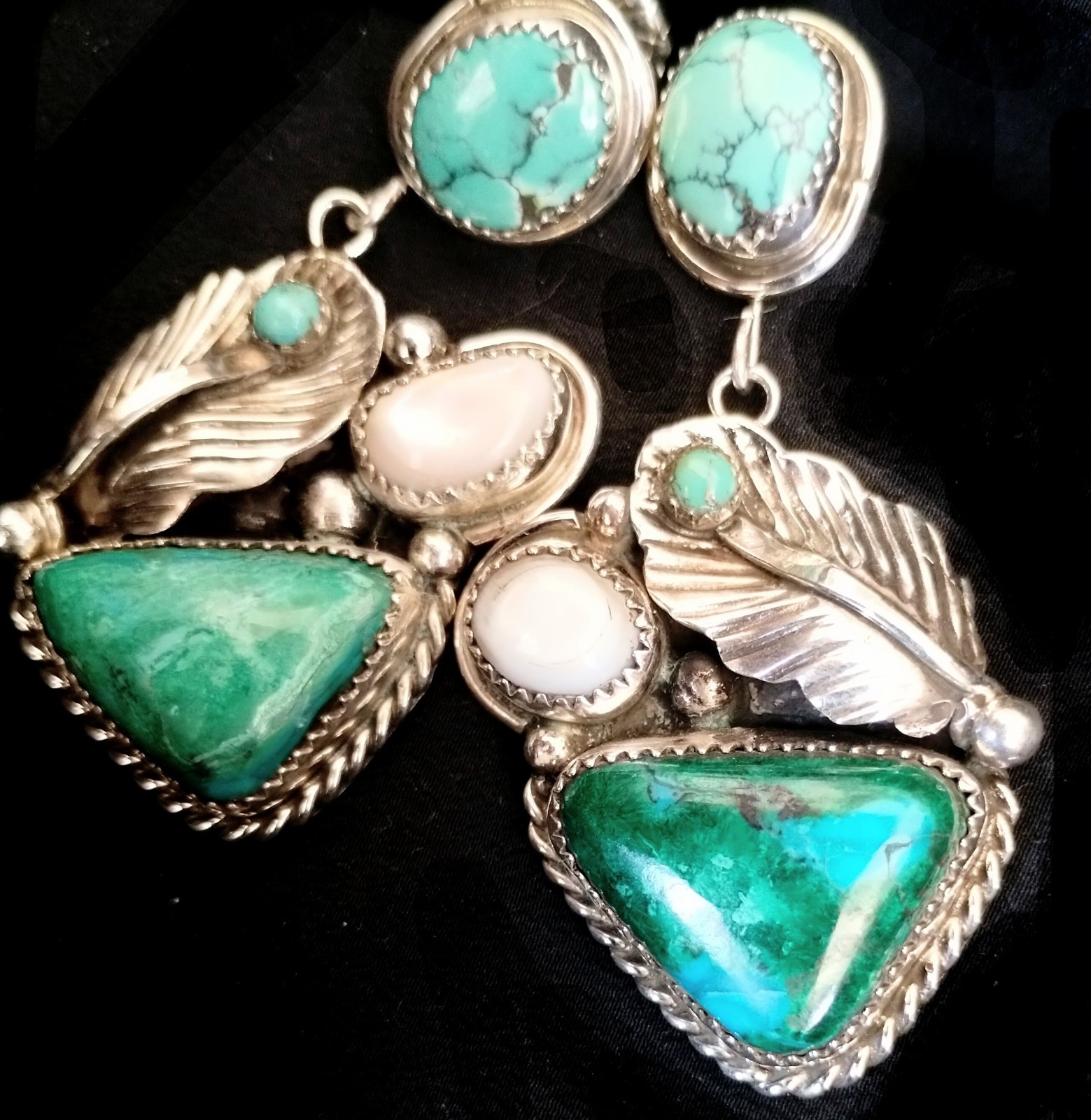 NAVAJO TURQUOISE DANGLING EARRINGS 2.5″ Long /Sumptuous Rich Unique/Touch Of MOP