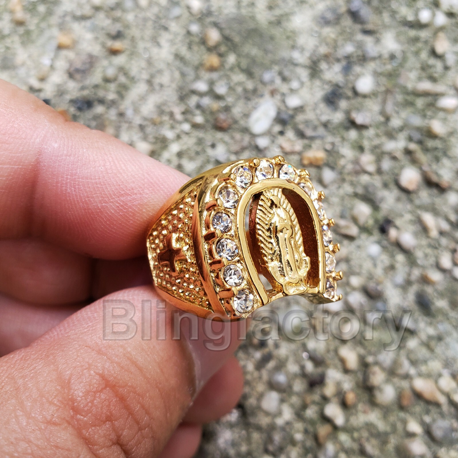 GOLD STAINLESS STEEL HIP HOP ICED GUADALUPE CUBIC ZIRCONIA RING SIZE 8~12 S09