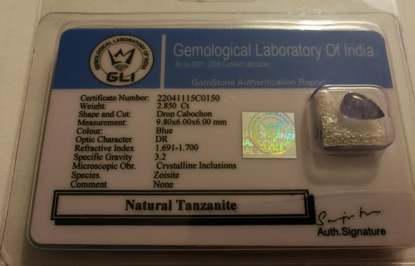 2.85 Carat Natural Tanzanite Drop Cabochon, with GLI Report