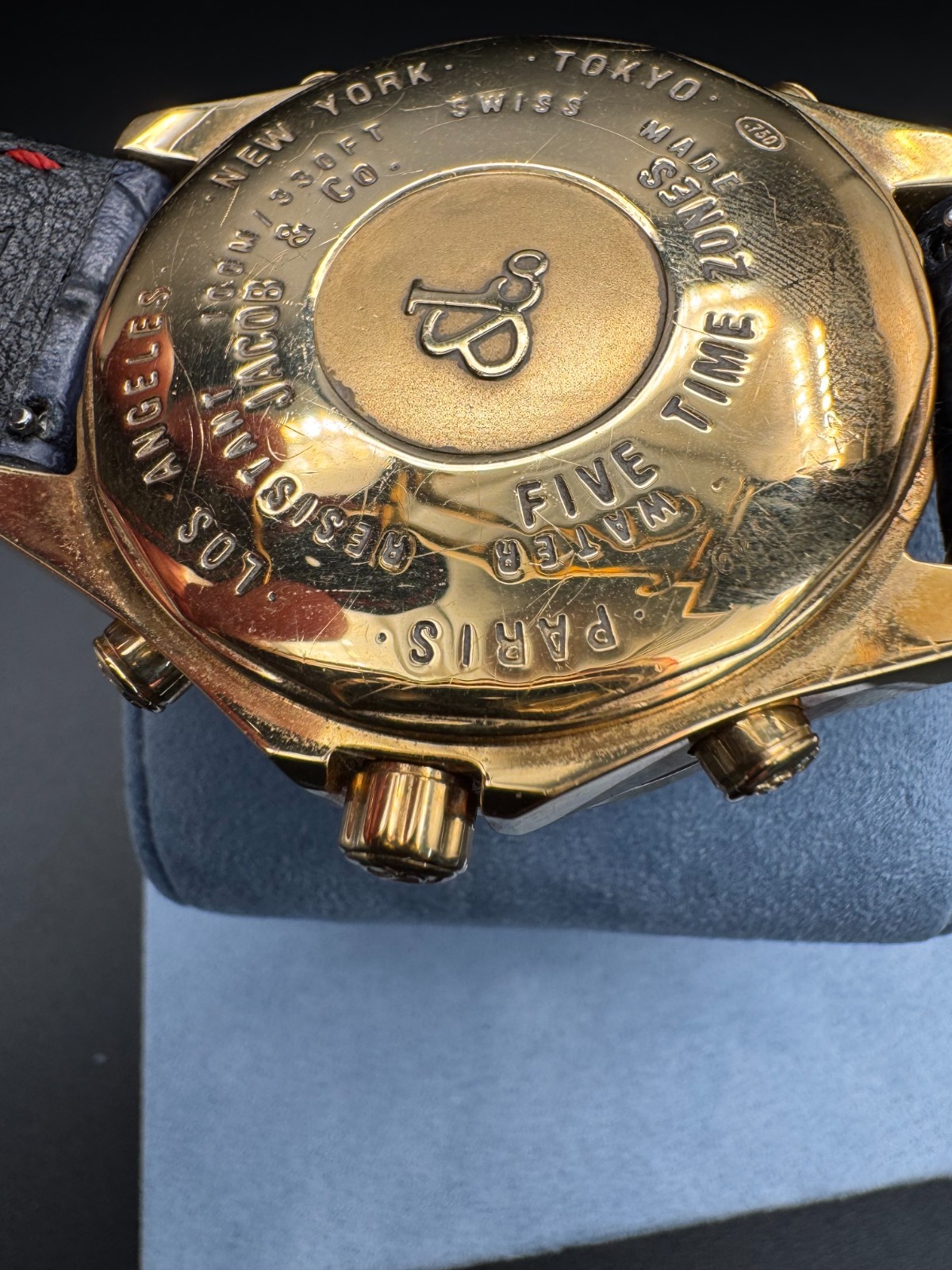 Jacob and Co Five Time Zone Yellow Gold Case Diamond Bezel “Pacific Bay”