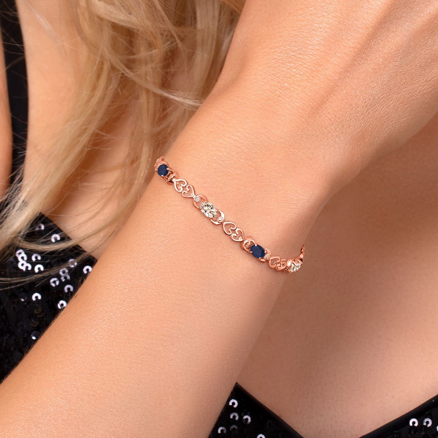 18K Rose Gold Plated Silver Sapphire and Peach Morganite and Lab Grown Diamond