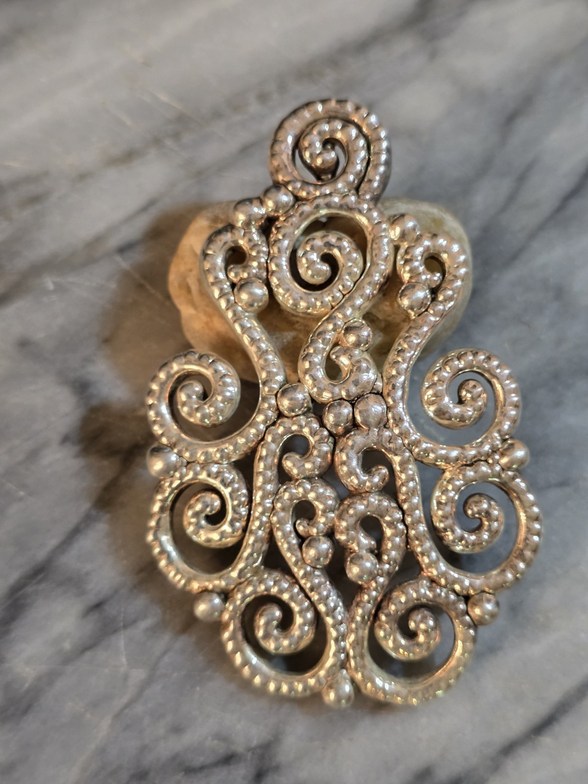​Vintage PZ Israel 925 Sterling Silver Scroll Filigree Openwork Puff Pendant…