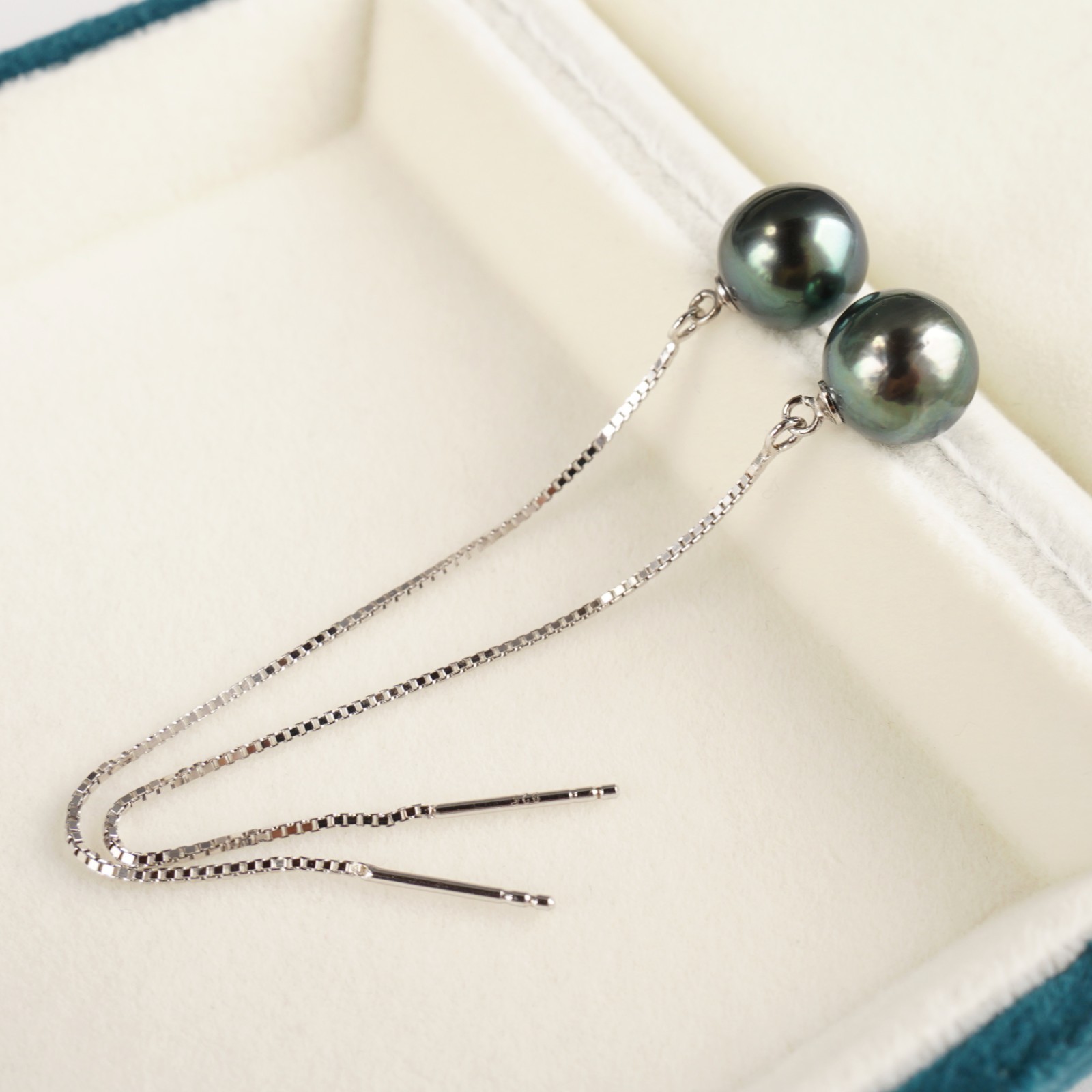 High Luster 9.7mm Tahitian Cultured Pearl Earrings Sterling Silver Threader,3.7″