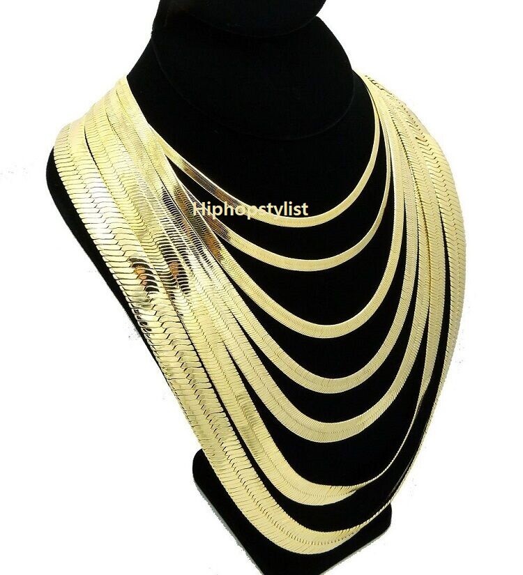 Men Herringbone Chain 14K Gold Finish 4mm to 14mm 16″ 18″ 20″ 24″ 30″ Necklace