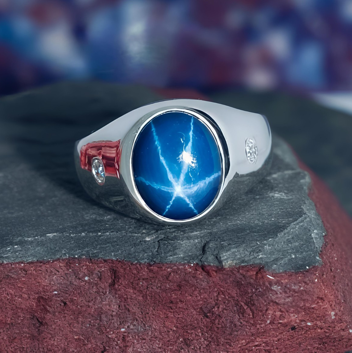 Blue Star Sapphire Mens Ring 925 Sterling Silver Dainty Star Sapphire Ring