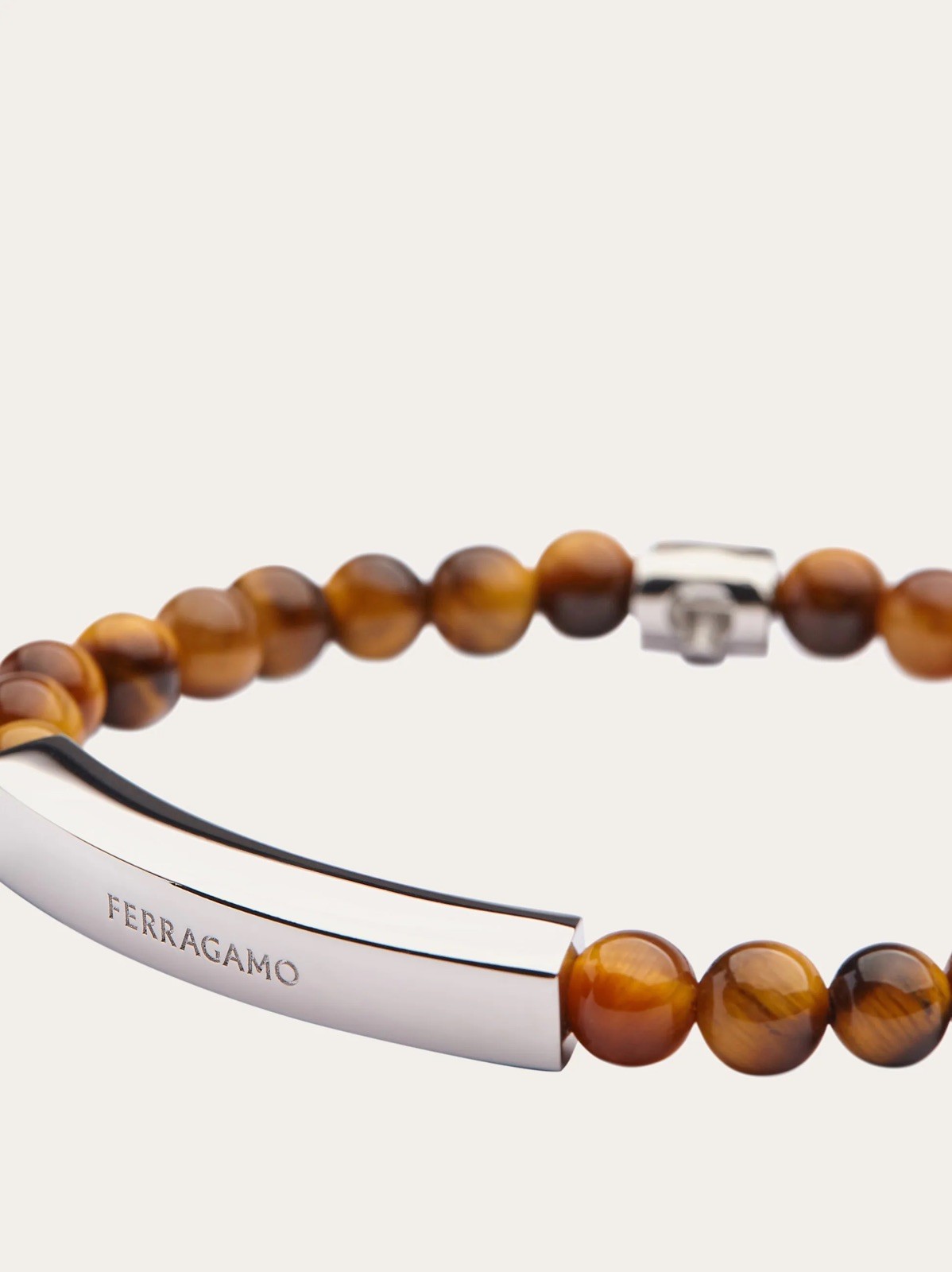 Ferragamo Mens Semi-Precious Tiger Eye Stones Logo Stretch Bracelet 19 NEW