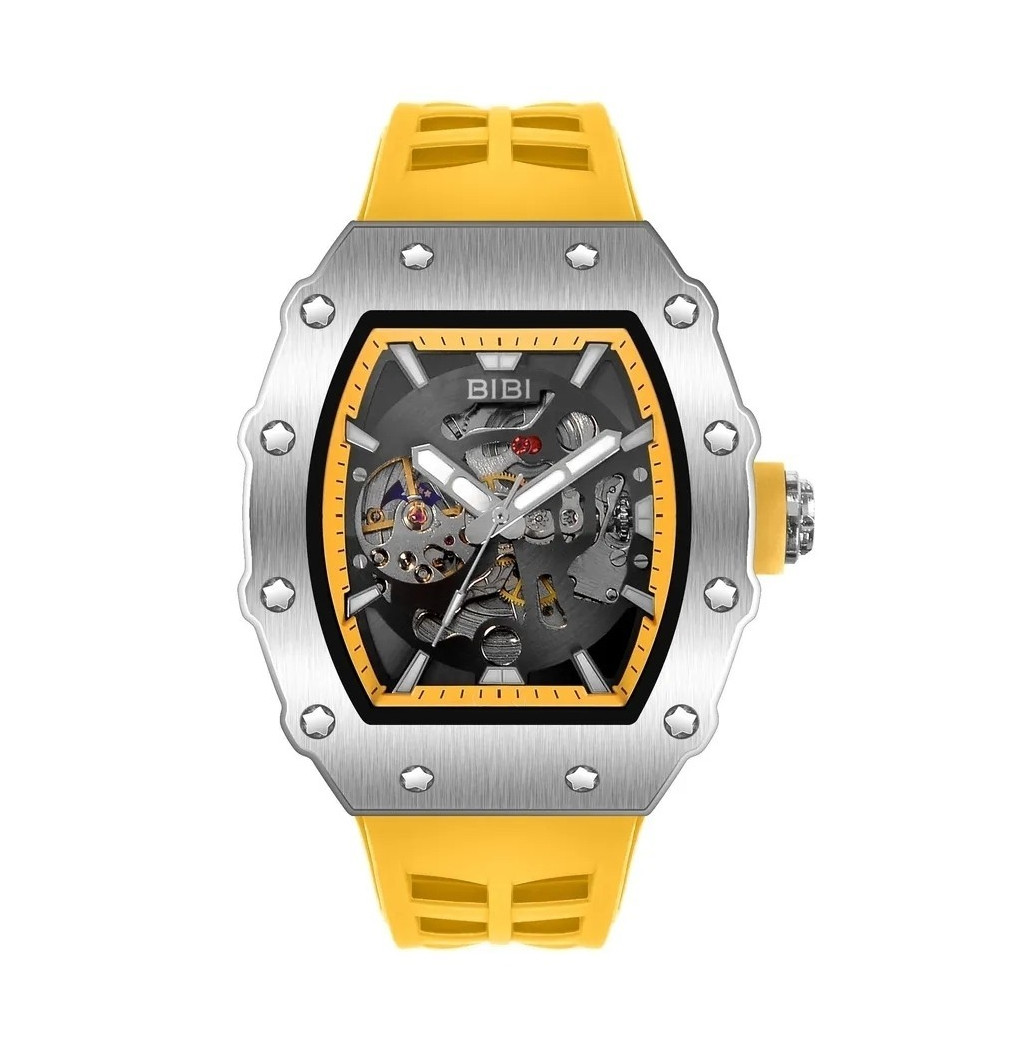 BIBI Luxury Watch BB395 Skeleton Dial Brushed Silver Case, Yellow Silicone Strap