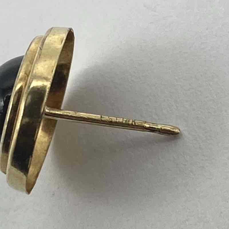 14K Yellow Gold Black Onyx Stud Earrings Bezel Set Round 11.6mm 1.02g