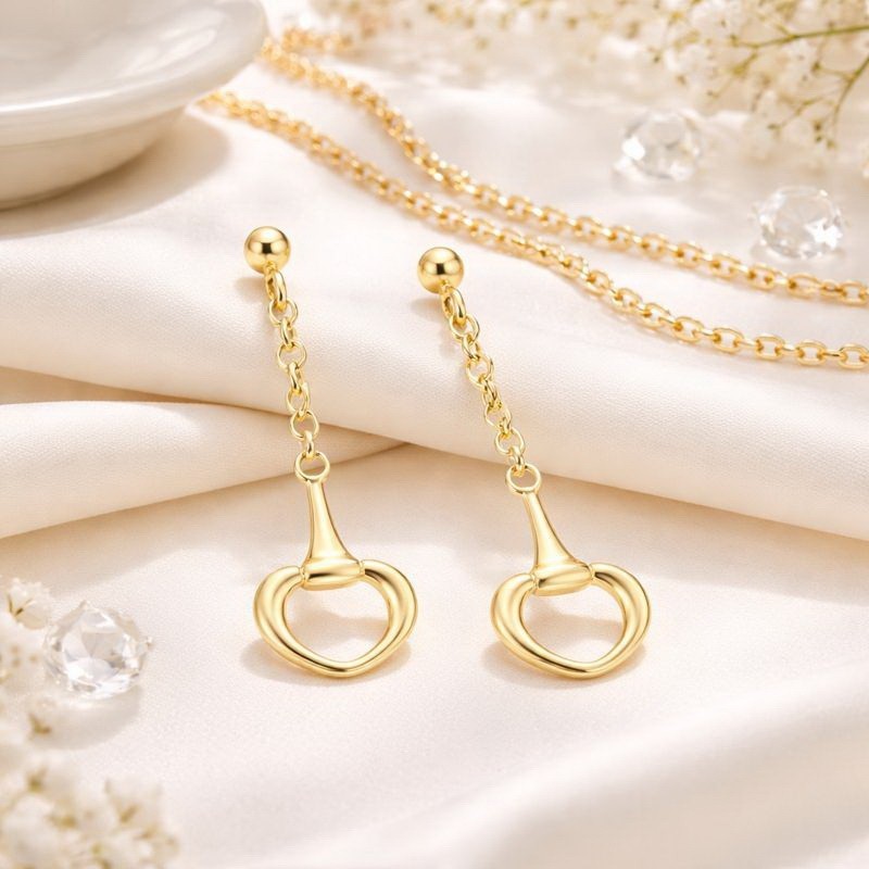 925 Sterling Silver Horse Bit Dangle Earrings | Chain Drop Studs Earrings |