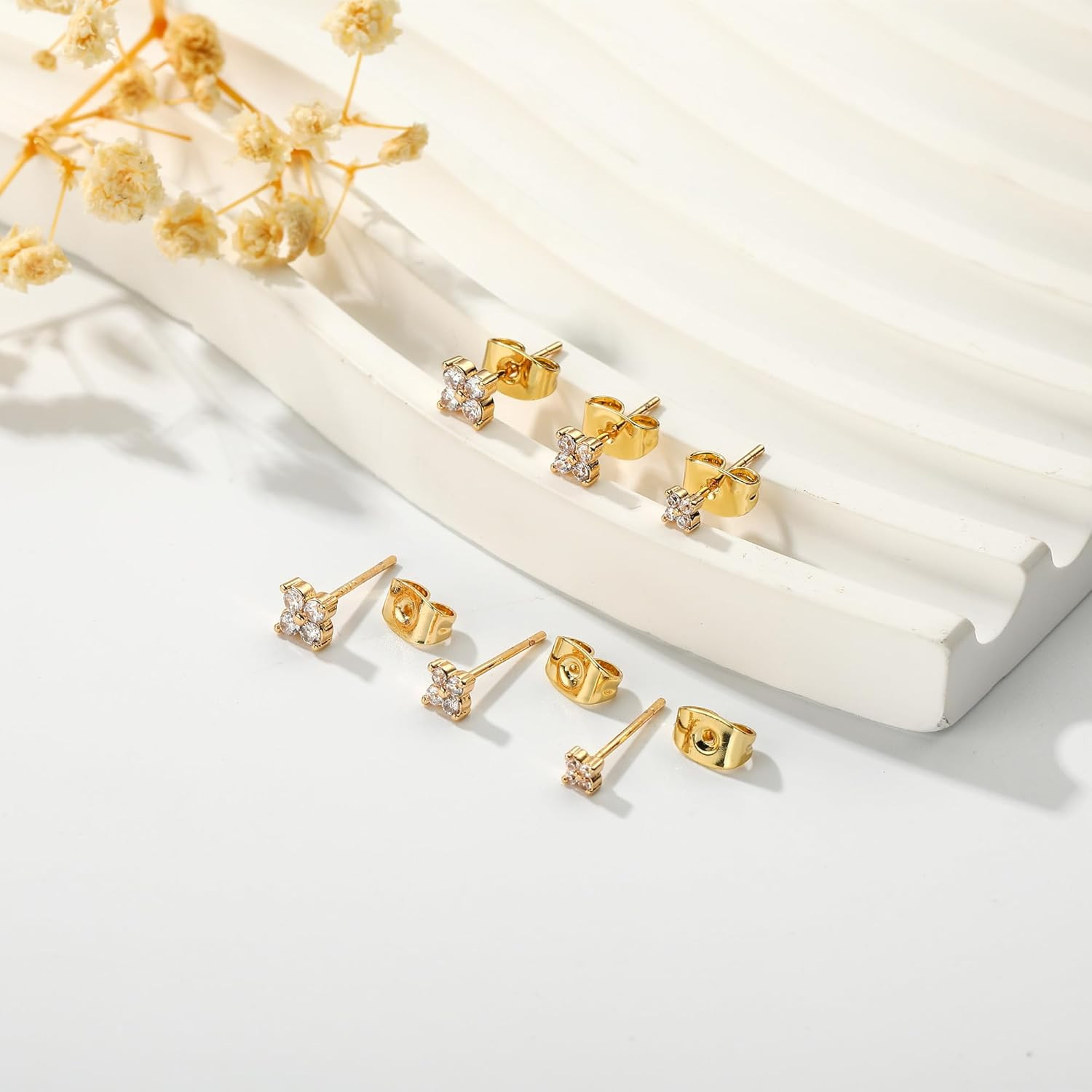 3 Pairs 14K Gold Plated Stud Earring Sets for Women Small Dainty Sterling Silver