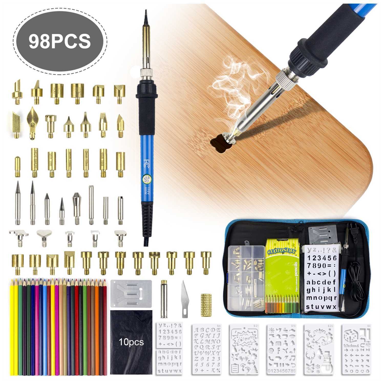 98PCS Wood Burning Pen Kit Gpyrography Kit Stencil Soldering Iron Tips Tools Set