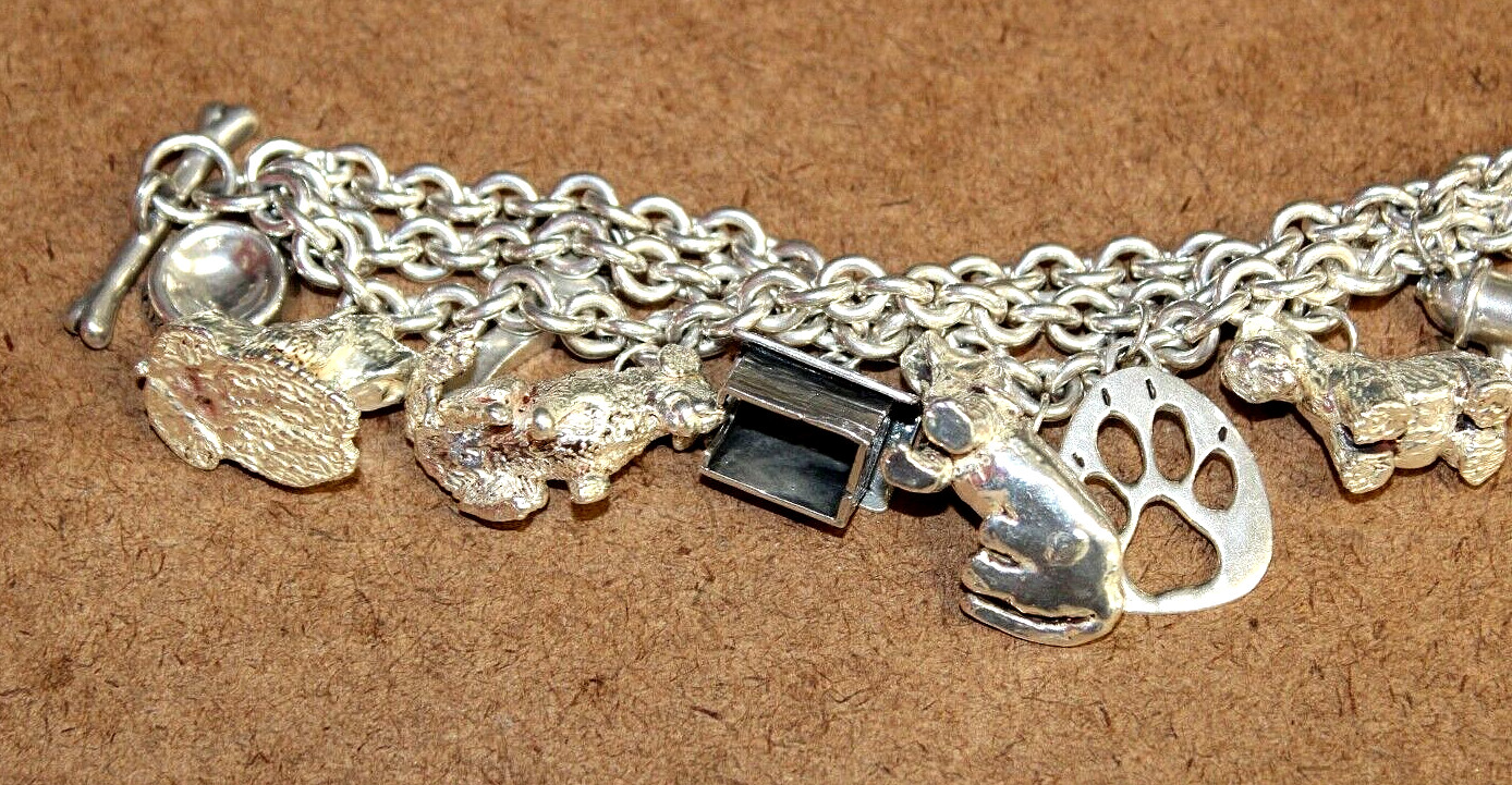 Susan Cummings Sterling Dog Lover 3 Strand Charm Bracelet w/ Earrings [093WEI]