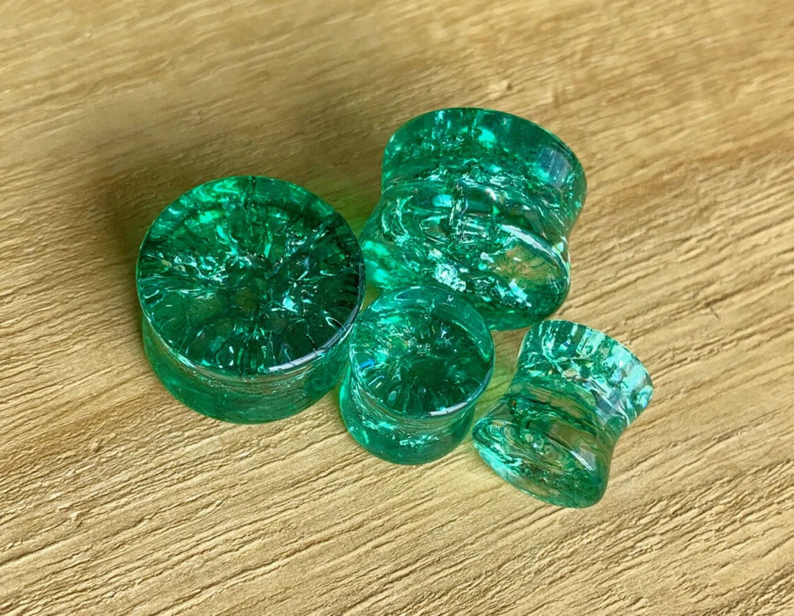 PAIR Cracked Green Glass Plugs Double Flare Shattered Look Gauges Body Jewelry