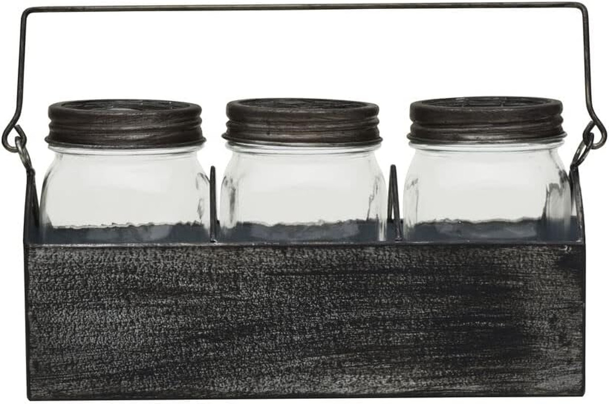 Three Glass Mason Jar in Metal Carrier Décor, Distressed Finish, 10.83X3.54X7.09
