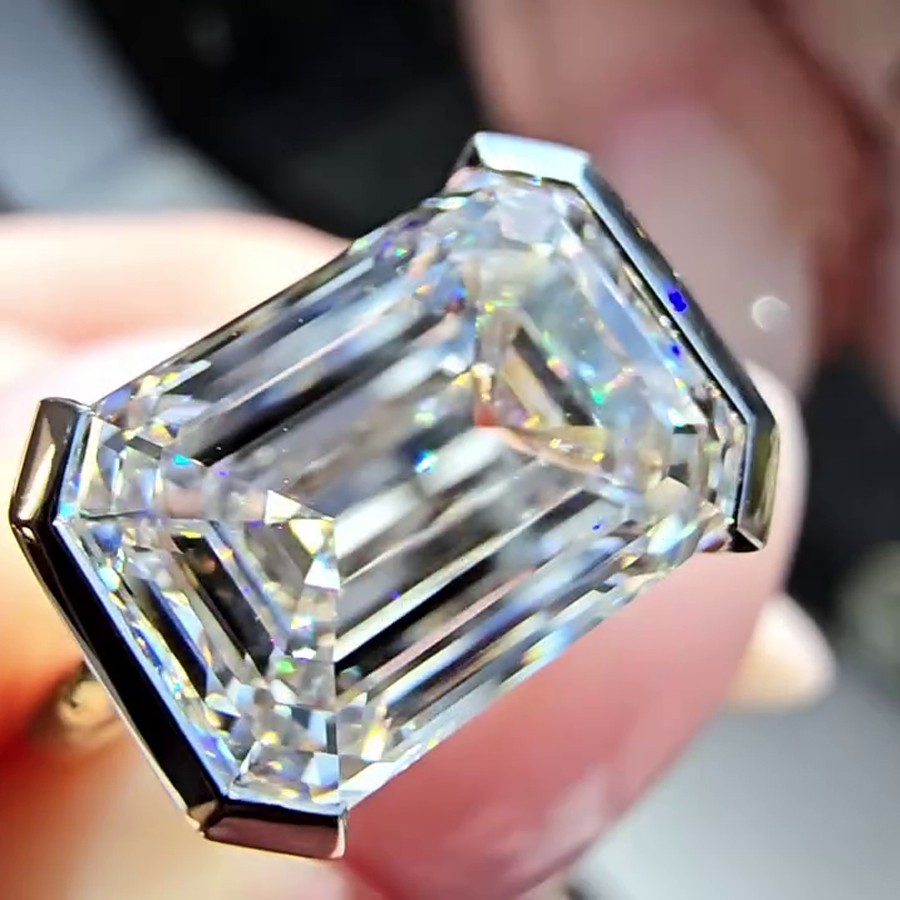 3.0 CT Emerald Cut Moissanite Half Bezel Engagement Ring 14K Yellow Gold Plated