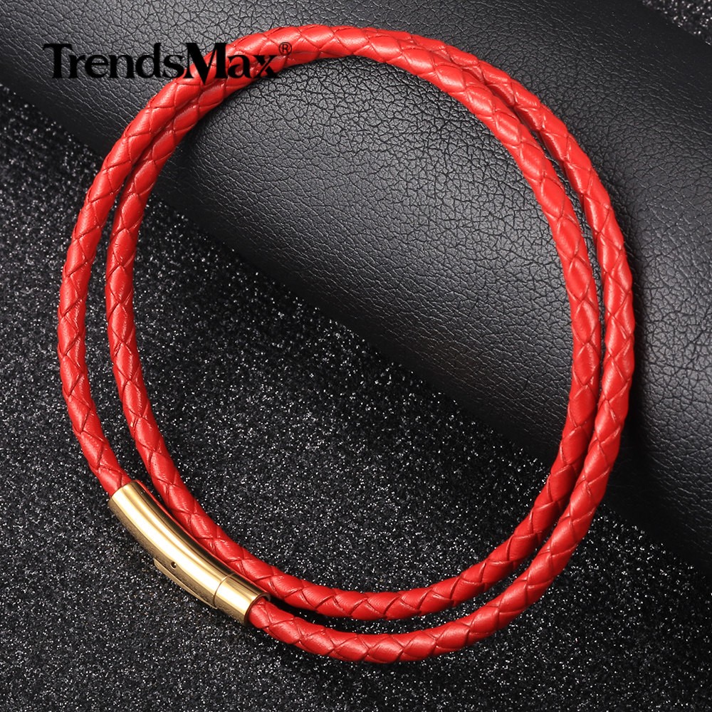 4mm Red Leather Rope Necklace Choker Gold Plated Stainless Steel Push Lock New
